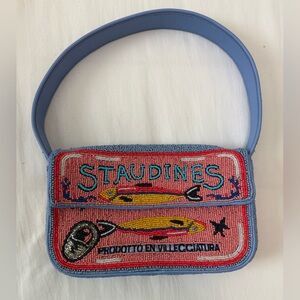 STAUD Pink Beaded 'Staudines' Shoulder Bag with Blue Strap